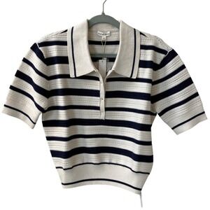 For Love & Lemons Simona Pointelle Striped Polo Top White Navy Blue Sweater Sz L